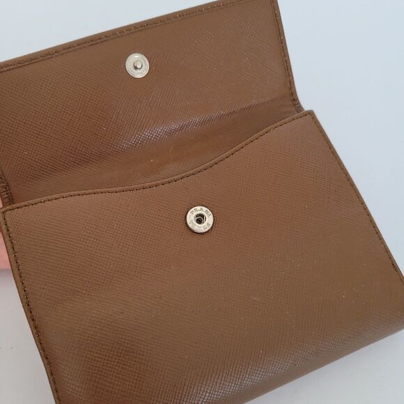 PRADA Leather Logo Wallet Small Bifold Brown Saffiano Compact Card Bill Coin - Picture 15 of 16